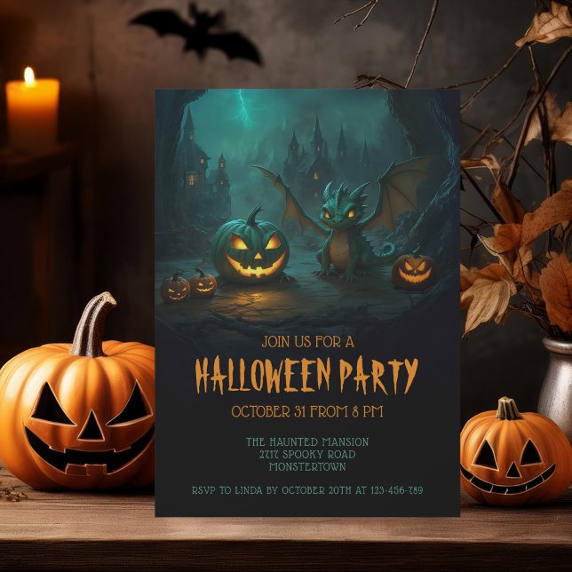 Invitación Dragón lindo con las calabazas aterradoras fiestas (Subido por el creador)