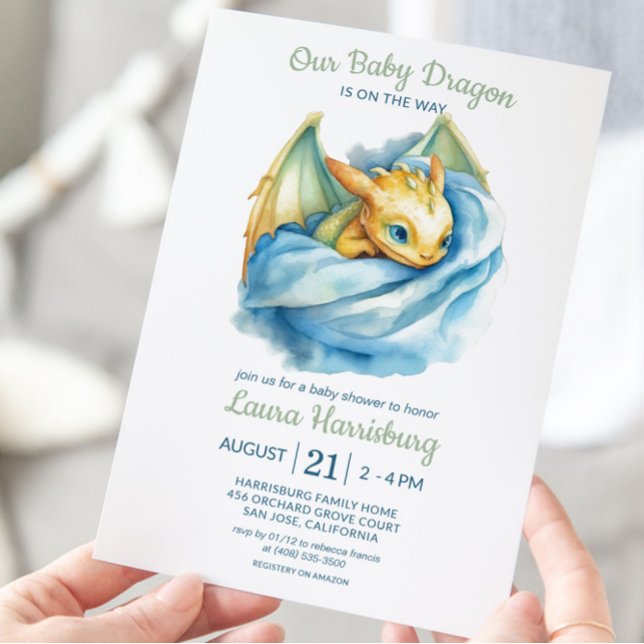 Invitación Dragón lindo Sage Green Blue Baby Shower (Drago Baby Shower Invitation)