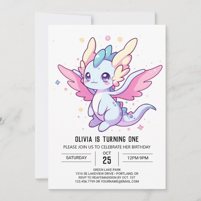 Invitación Dragón moderno mítico Primer cumpleaños (Anverso)