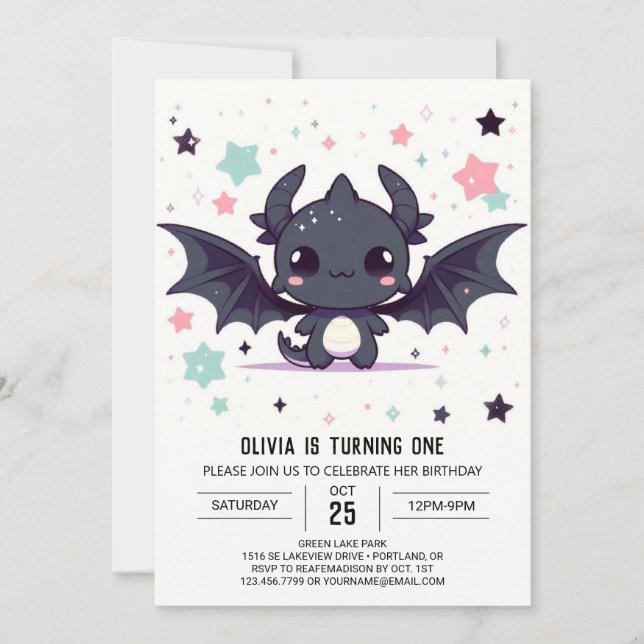 Invitación Dragón moderno Primer cumpleaños (Anverso)