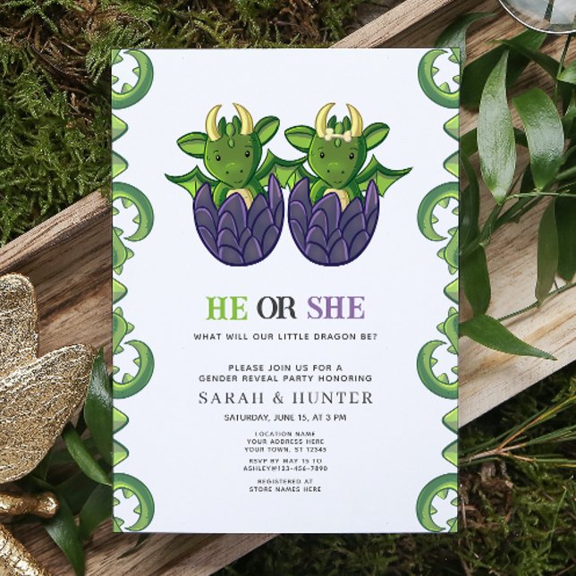 Invitación Dragón Moderno Que Él O Ella Revelan Baby Shower (Gender Reveal Baby Shower Invitation)