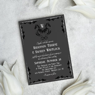 Invitación Dragón negro gris monograma Boda de fantasía