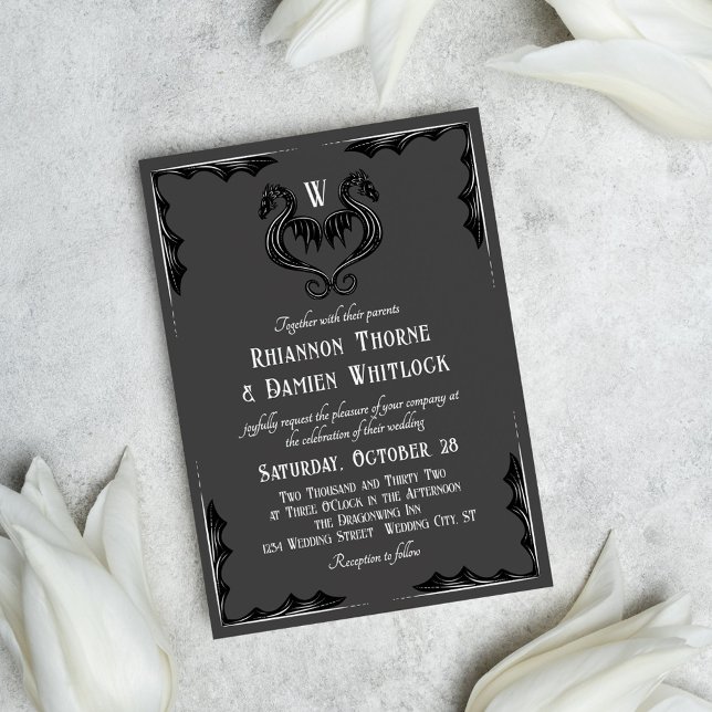 Invitación Dragón negro gris monograma Boda de fantasía (Subido por el creador)