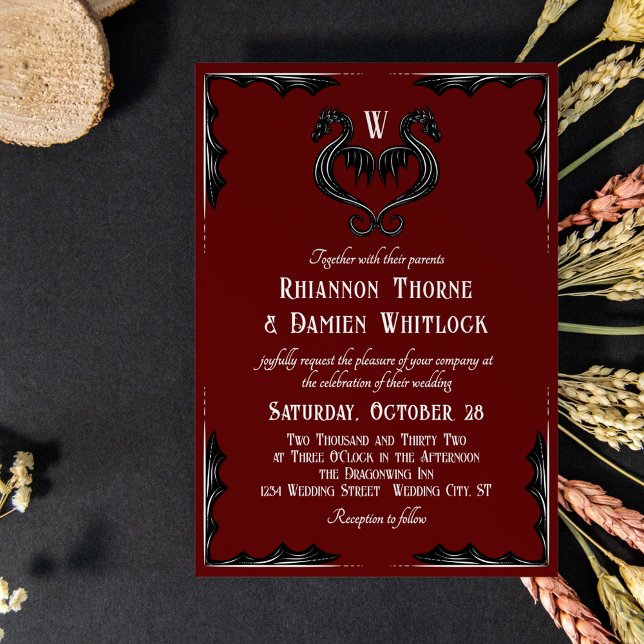 Invitación Dragón negro rojo Monograma Boda de fantasía (Subido por el creador)