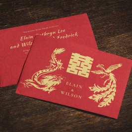 Invitación Dragon-Phoenix Doble Xi Oro Rojo
