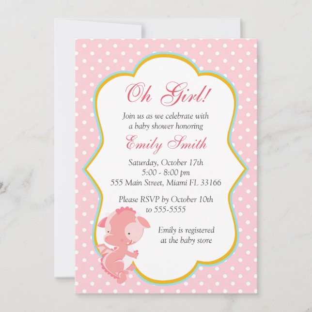 Invitación Dragon Pink Polka Dots Baby Girl Shower Invite (Anverso)