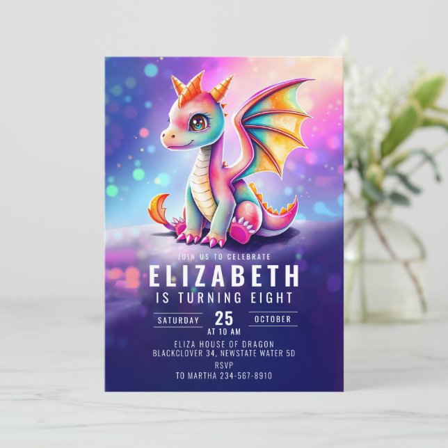 Invitación Dragon Pink Yellow Darth Birthday Party (Anverso de pie)