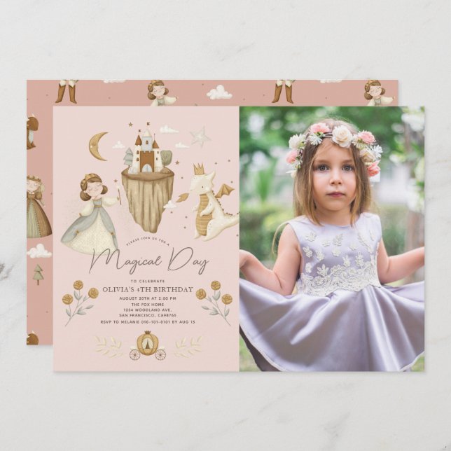 Invitación Dragón Princesa Boho cuento Fairytale foto de cump (Anverso / Reverso)