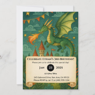 Invitación Dragón que respira fuego y cumpleaños nocturnos de