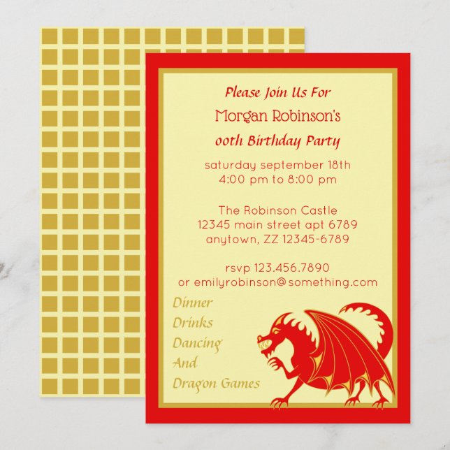 Invitación Dragon Red Gold Child o Adulto Birthday Party (Anverso / Reverso)