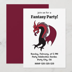 Invitación Dragón Rojo Negro Criatura Mítica Fiesta Fantasía