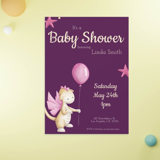 Invitación Dragón rosa caprichoso y Chica de globos Baby Show (Subido por el creador)