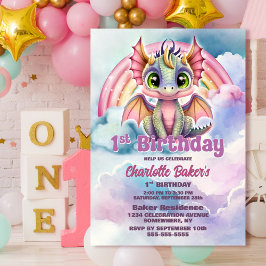 Invitación Dragón Rosa de Cute Primer Fiesta de cumpleaños