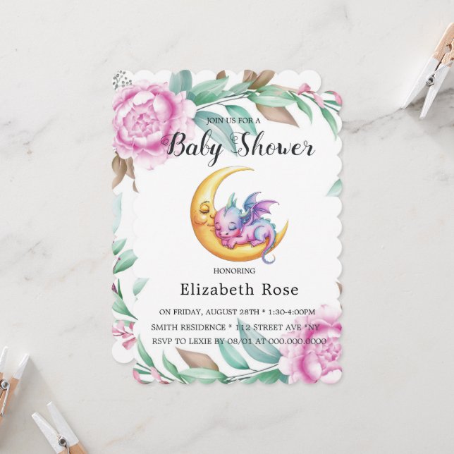 Invitación Dragón rosa lindo y Baby Shower Chica peón (Anverso/Reverso In Situ)