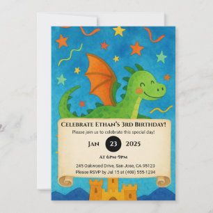 Invitación Dragón Verde Volador Sobre Castillo Estrellado Cum
