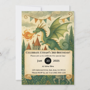 Invitación Dragón Verde y Caballero en Cumpleaños Encantado