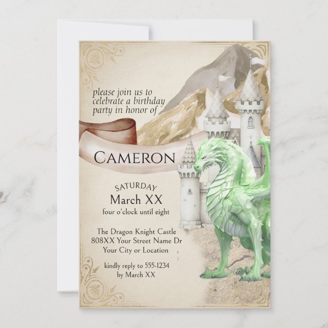Invitación Dragón verde y Fiesta de la fantasía del castillo (Anverso)