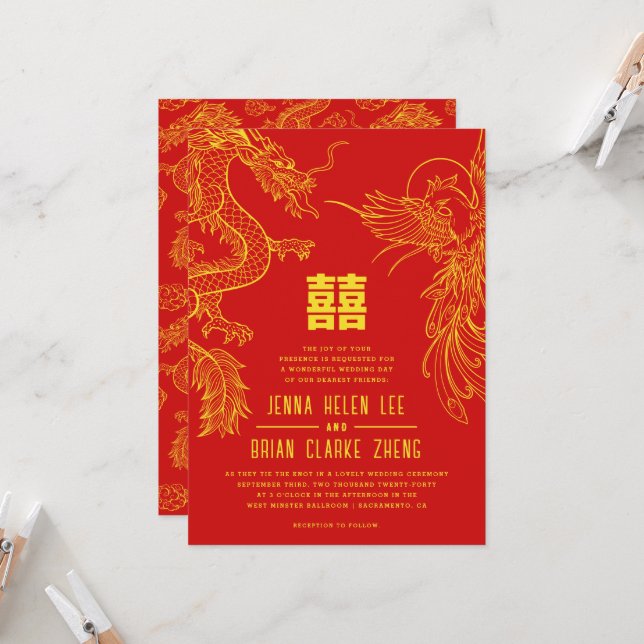 Invitación Dragón y doble felicidad Phoenix | Patrón de fondo (Anverso/Reverso In Situ)