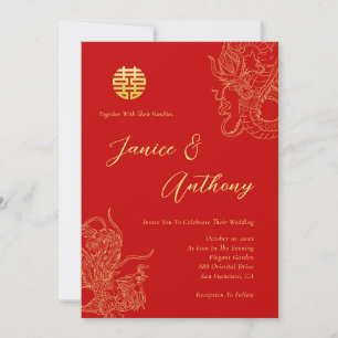 Invitación Dragón y fénix de boda chino rojo
