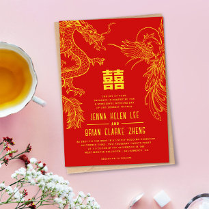 Invitación Dragón y Fénix Doble Felicidad Dorado+Rojo