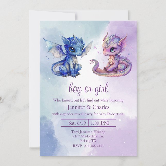 Invitación Dragones de bebé Fiesta de revelación de género (Anverso)