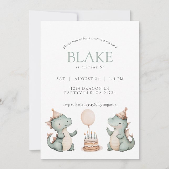 Invitación Dragones de cumpleaños lindo Fiesta de dinosaurios (Anverso)