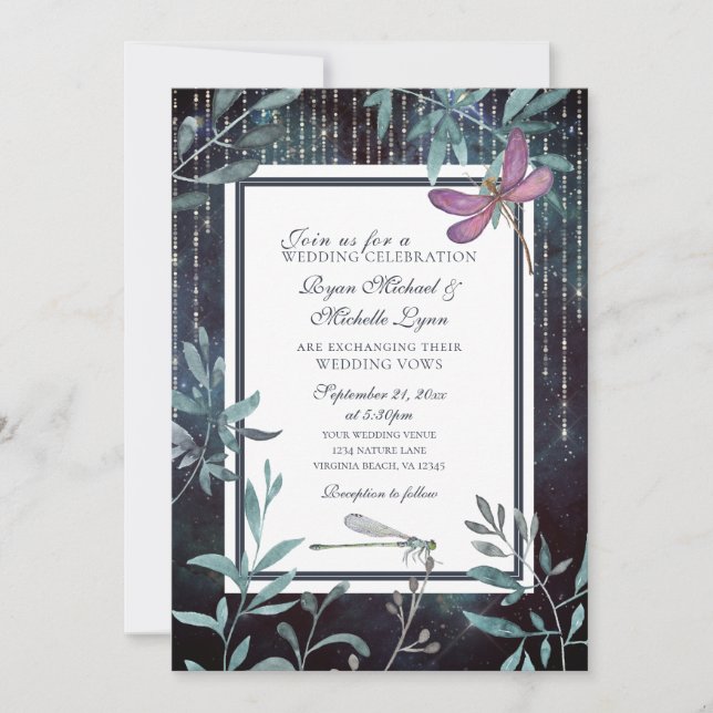 Invitación Dragonflies and Lights Evending Garden Wedding (Anverso)