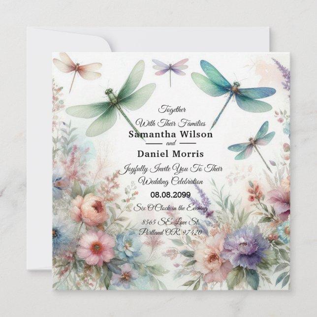 Invitación Dragonflies and Pastel Florals Wedding (Anverso)