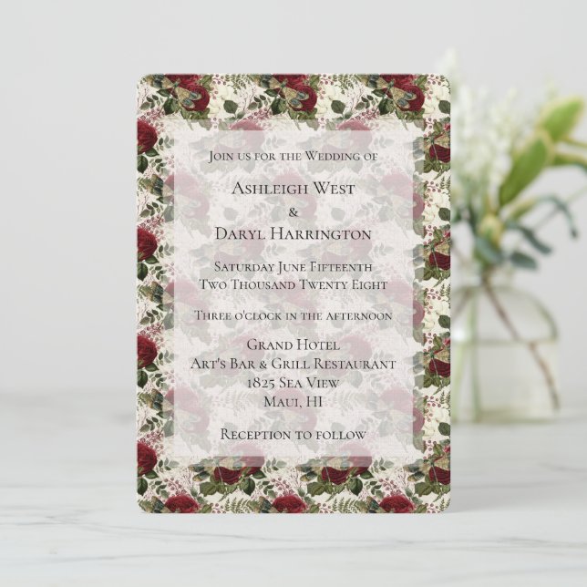 Invitación Dragonflies crema y Boda de Rosas (Anverso de pie)