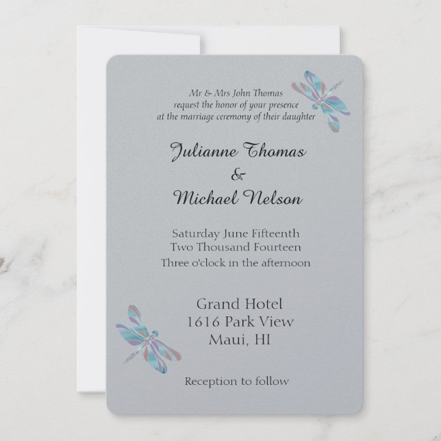 Invitación Dragonflies gris y azul (Anverso)