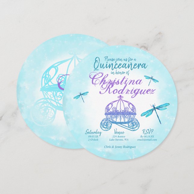 Invitación Dragonflies turquesa, Quinceañera púrpura (Anverso / Reverso)