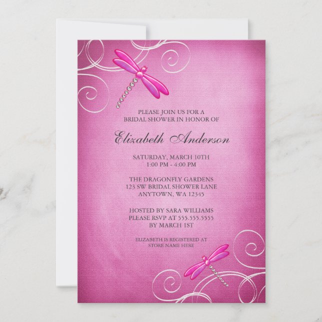 Invitación Dragonfly rosa nadando en la ducha nupcial (Anverso)