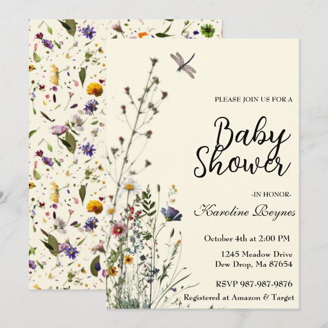 Invitación Dragonfly Wildflower Boho Baby Shower (Anverso / Reverso)