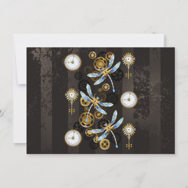 Invitación Dragoniscos de Steampunk sobre fondo rayado marrón (Anverso)