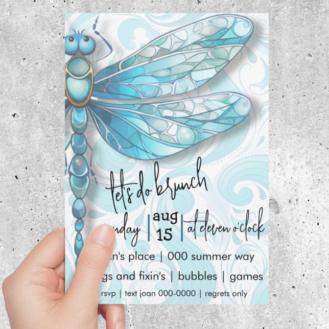 Invitación Dragonismo azul | Aqua Blue Swirls | Amantes de la (Blue dragonfly customizable brunch or birthday invitation with aqua swirls. )
