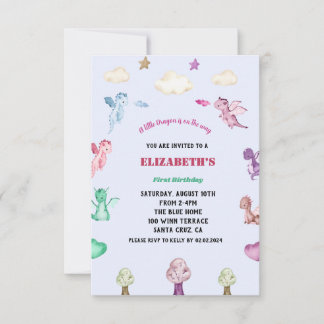 Invitación Dragons Watercolor chica Cumpleaños