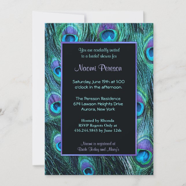 Invitación Drama de plumas de pavo real - Ducha de novia (Anverso)