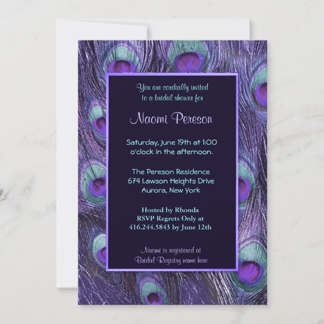 Invitación Drama púrpura de plumas de pavo real - Ducha de no (Anverso)