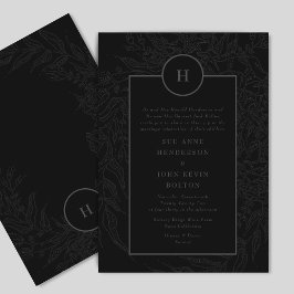Invitación Dramatic Black Elegant Monogram Floral Wreath