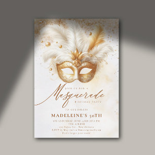 Invitación Dramática blanca de oro de mascarada 50 cumpleaños