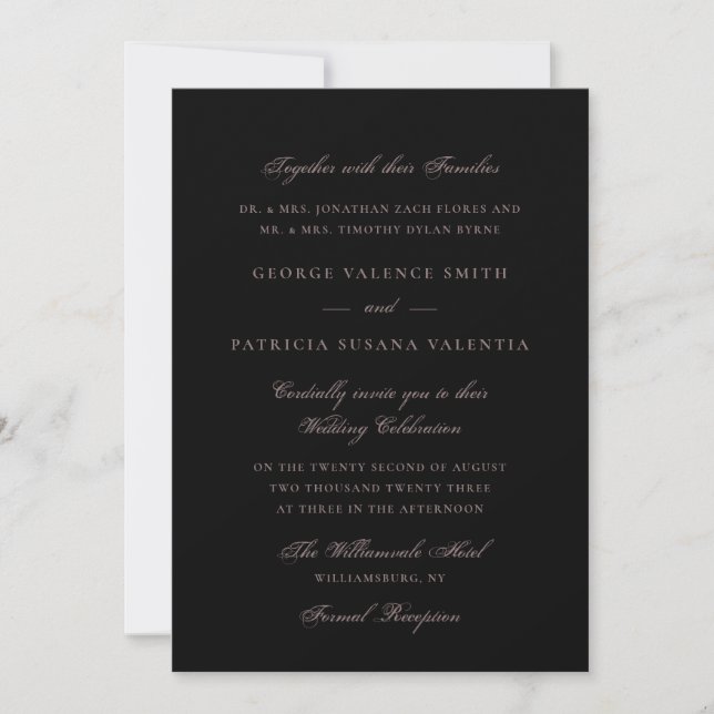 Invitación Dramática caligrafía formal negra elegante matrimo (Anverso)