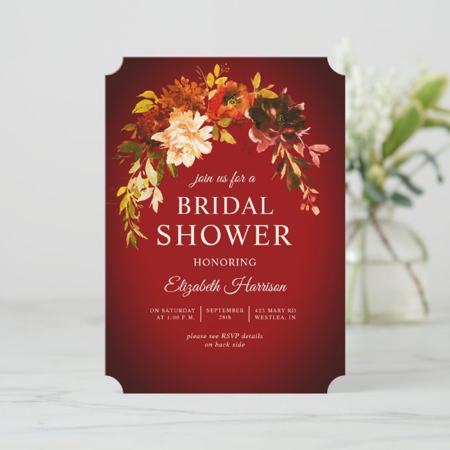 Invitación Dramática Romántica Rojo Otoño Floral Bridal Showe (Anverso de pie)