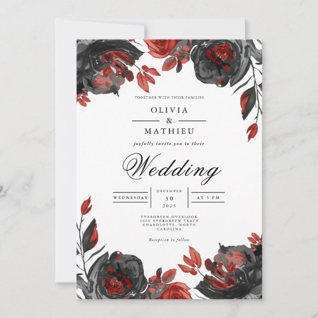 Invitación Dramático Boda Botánico de Bloom Rojo (Anverso)