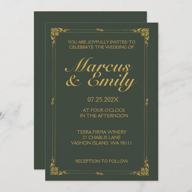 Invitación Dramático Boda de carbón vegetal y oro antiguo (Anverso / Reverso)