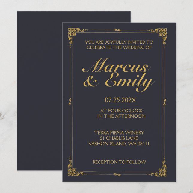 Invitación Dramático Boda de oro azul oscuro y antiguo (Anverso / Reverso)