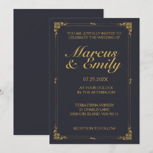 Invitación Dramático Boda de oro azul oscuro y antiguo