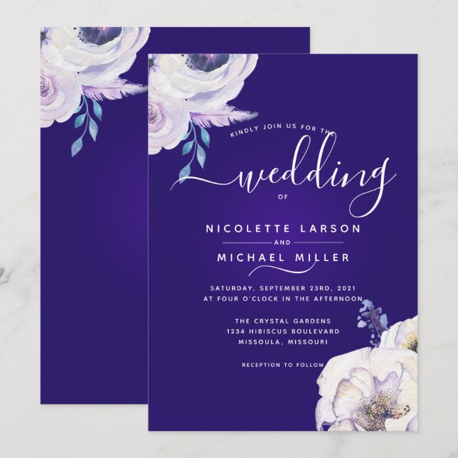 Invitación Dramático Boda floral morado oscuro y lilac (Anverso / Reverso)