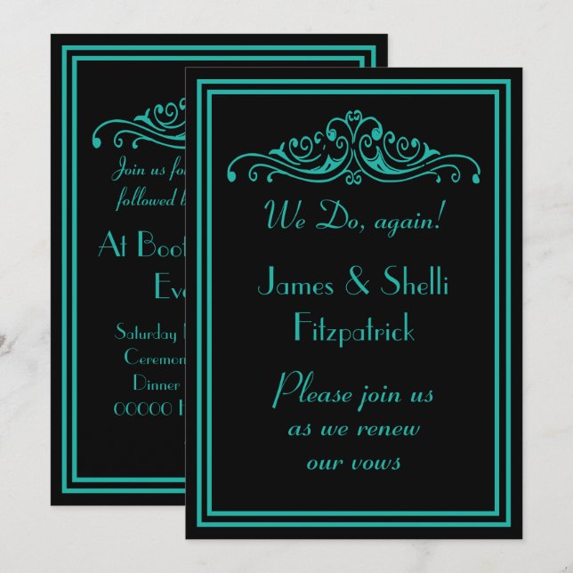 Invitación Dramático Boda Verde azulado y negro promete renov (Anverso / Reverso)