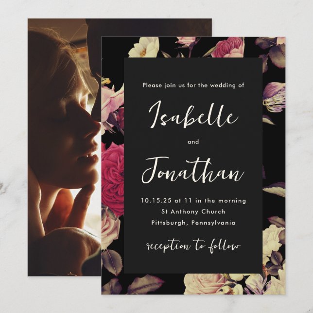 Invitación Dramático Moody Floral Photo Boda (Anverso / Reverso)