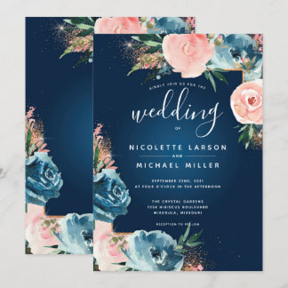 Invitación Dramático Purpurina Floral Boho Azul y Rubor